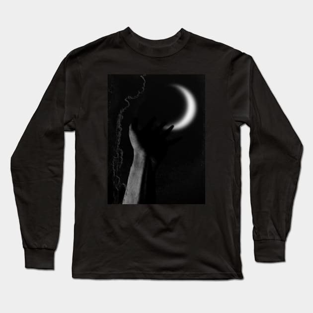 Digital collage and special processing. Hand pointing to the moon. Very beautiful. Grayscale. Long Sleeve T-Shirt by 234TeeUser234